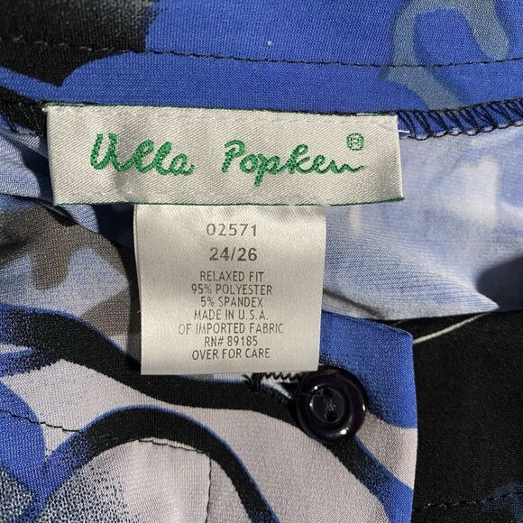 Ulla Popken Top Women's Plus Sz 24/26 Blue Abstract Artsy Stretch Button Down - Picture 3 of 8